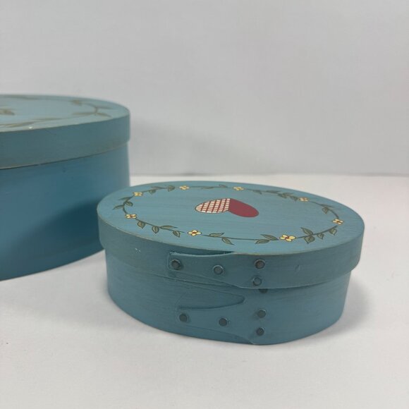 Russ Hand Painted Wood Cheese Box Trinket Storage Blue Folk Art Cottagecore - Picture 5 of 12